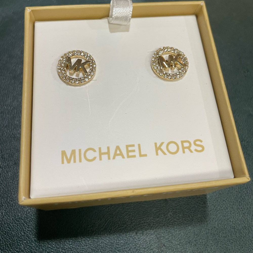 Michael Kors MK logo pave set gold tone studs in box